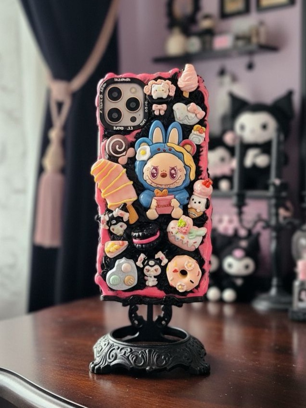 Kawaii charm labubu Character Decoden Phone Case in Pink & Black